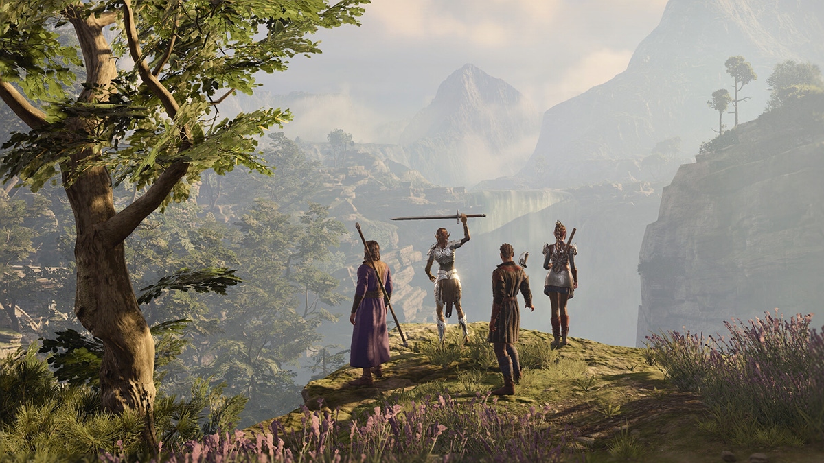 A screenshot from Baldur's Gate 3 showing heroes stood atop a cliff A screenshot from Baldur's Gate 3 showing heroes stood atop a cliff