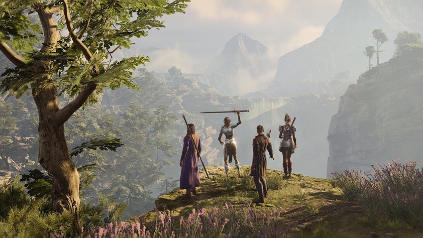 A screenshot from Baldur's Gate 3 showing heroes stood atop a cliff