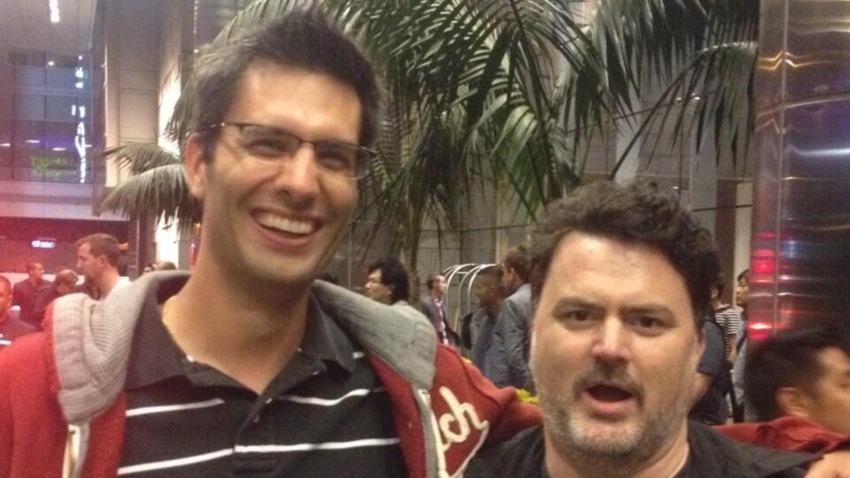 Naughty Dog programmer Christian Gyrling with Double Fine's Tim Schafer in 2014.