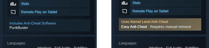 Two screenshots displaying how anti-cheat software disclosures look in the Steam torefront. Two screenshots displaying how anti-cheat software disclosures look in the Steam torefront.