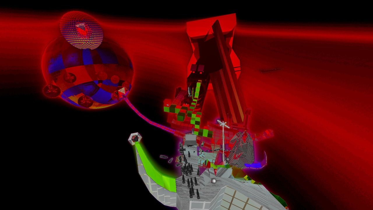 Funky, twisting level geometry on a reddish background Funky, twisting level geometry on a reddish background