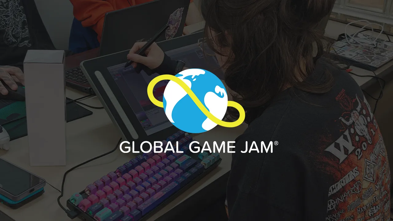The Global Game Jam logo overlaid on a photograph of an artist working on a tablet The Global Game Jam logo overlaid on a photograph of an artist working on a tablet