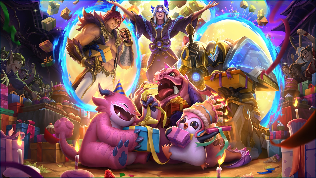 Key art for Teamfight Tactics. Various fantasy characters watch cuter fantasy characters open presents. Key art for Teamfight Tactics. Various fantasy characters watch cuter fantasy characters open presents.