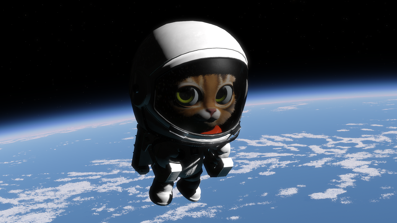 A kitten in a spacesuit floats above Earth. A kitten in a spacesuit floats above Earth.