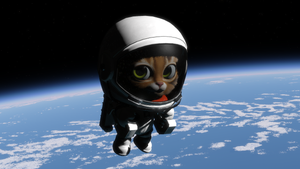 A kitten in a spacesuit floats above Earth. A kitten in a spacesuit floats above Earth.