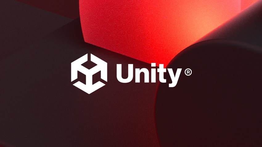 The Unity logo on a stylised red and maroon background