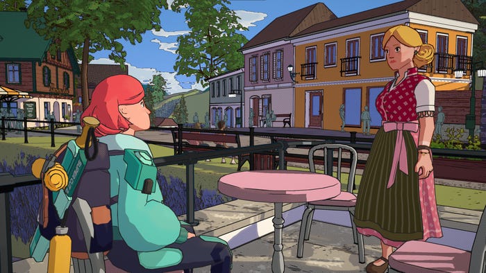 Player character Luisa speaks with a hostel owner in Dungeons of Hinterberg Player character Luisa speaks with a hostel owner in Dungeons of Hinterberg