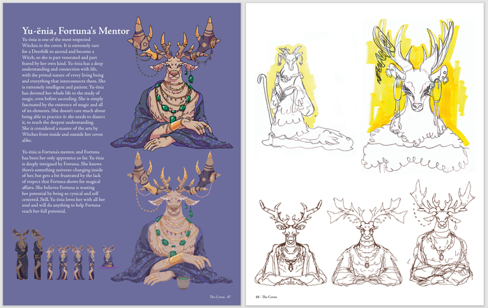 A design sheet on the creation of a magical deer-like humanoid creature