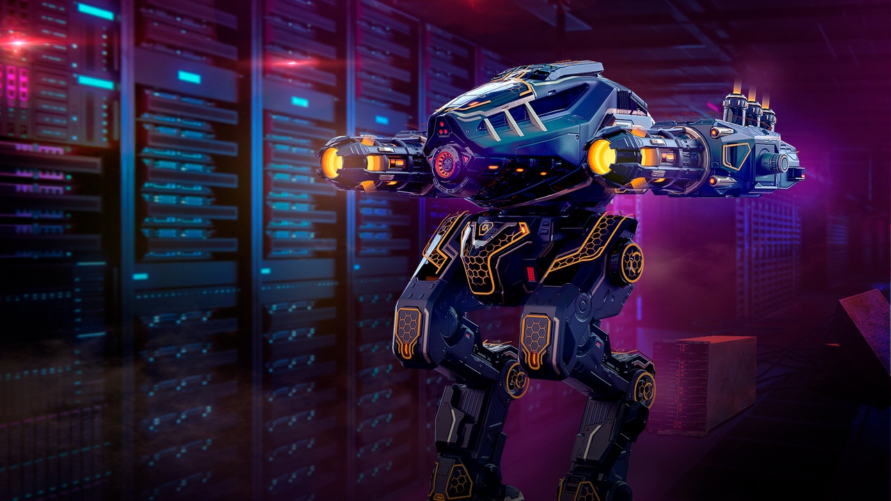 A stylized mech on a dark background A stylized mech on a dark background