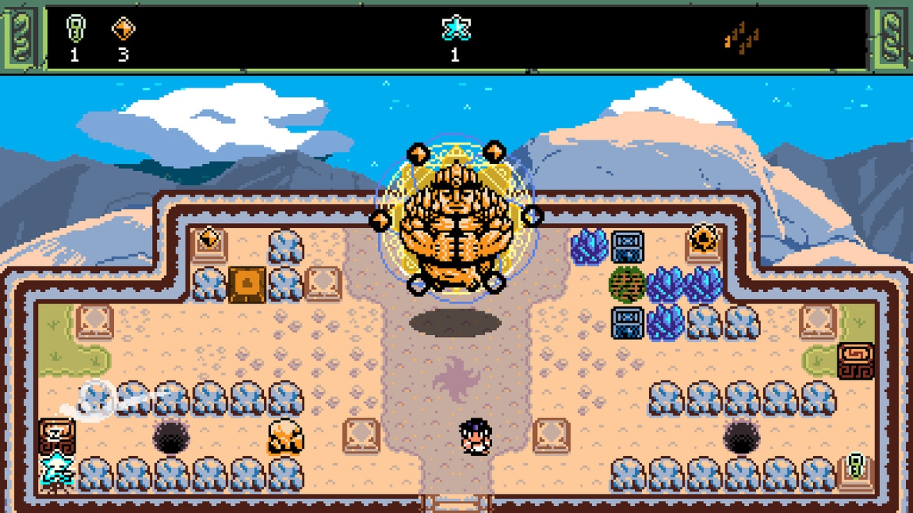 A floating statue looks serenely out from a mountaintop A floating statue looks serenely out from a mountaintop