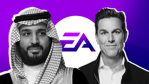 Headshots of Mohammed bin Salman and Andrew Wilson overlaid on the EA logo Headshots of Mohammed bin Salman and Andrew Wilson overlaid on the EA logo