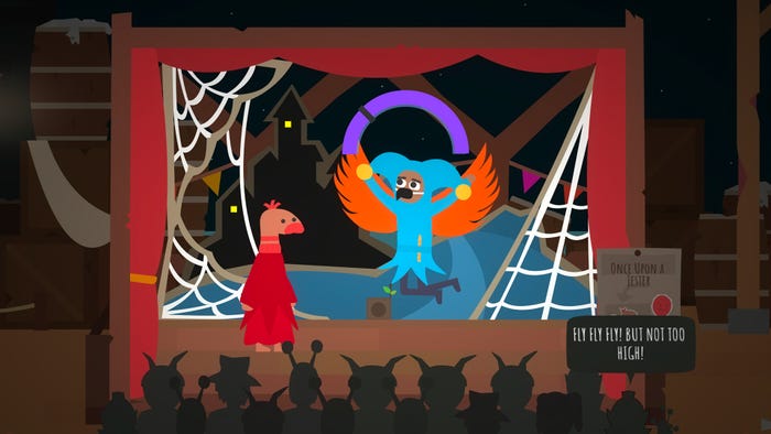 A jester is flapping fake wings as they rise above a stage, with an audience member encouraging them to fly high, but not too high