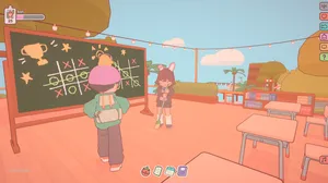 Characters in a colorful setting chat next to a chalkboard Characters in a colorful setting chat next to a chalkboard