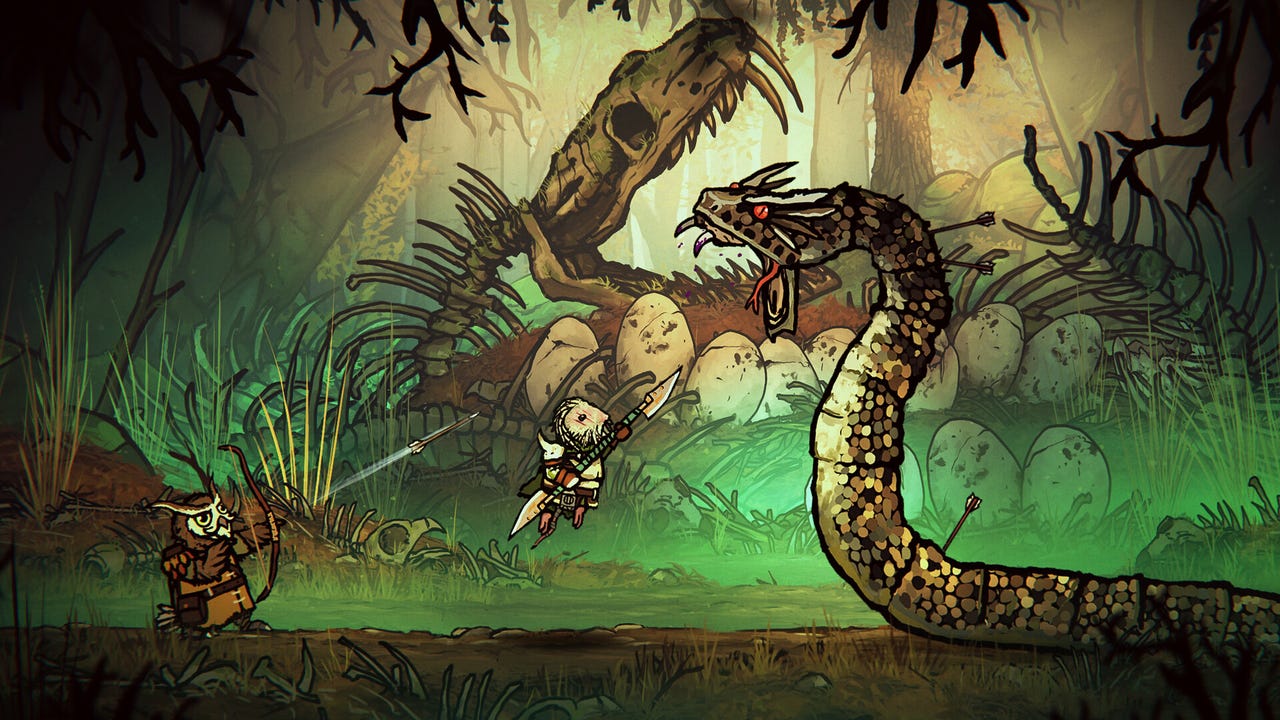 Two small creatures face off against a Snake in Tails of Iron 2. Two small creatures face off against a Snake in Tails of Iron 2.