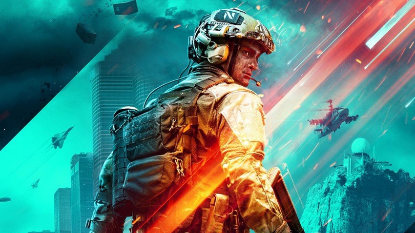 A military solider in the cover art for EA & DICE's Battlefield 2042.
