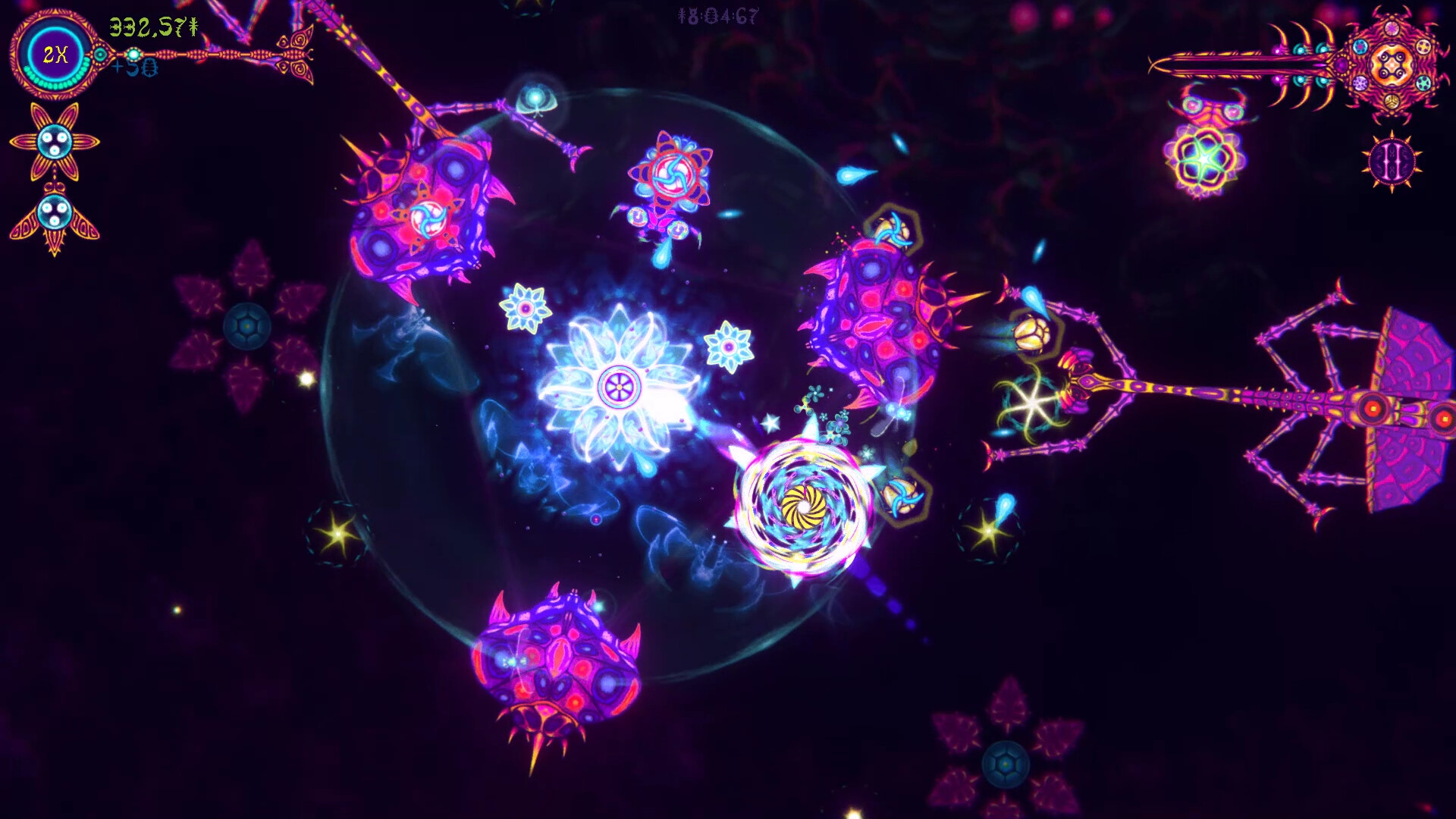 Several rainbow-shelled insects creep toward a shimmering flower shape.