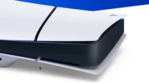 The PlayStation 5 console on a blue and white background The PlayStation 5 console on a blue and white background
