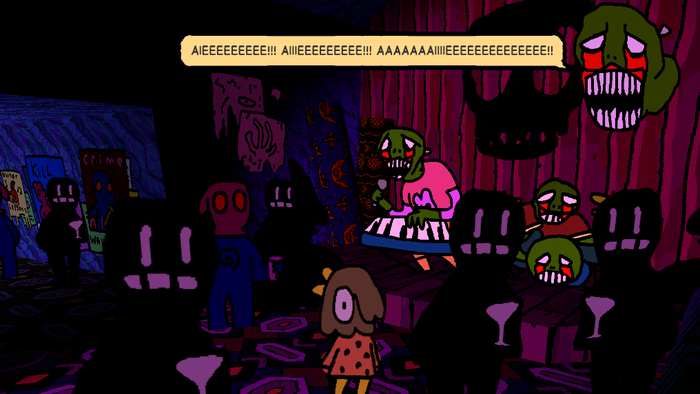 An undead keyboard player screams in a darkly-lit club