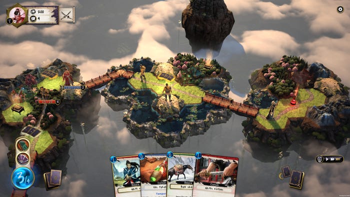 A screenshot from Mahokenshi. Several units stand on a trio of floating islands.