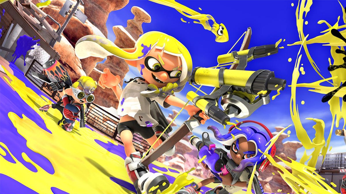 Splatoon 3 游戏封面,展示彩啬墨水战斗场景