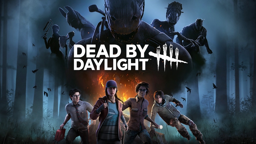 Key artwork for Dead by Daylight showcasing four protagonists and a villain
