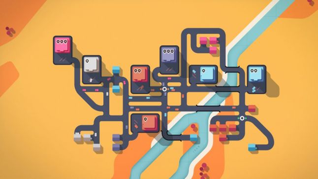 A crowded mini motorways level featuring roadways connecting homes to shopping centers.