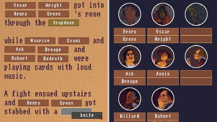 text clues on the left with character portraits on the right
