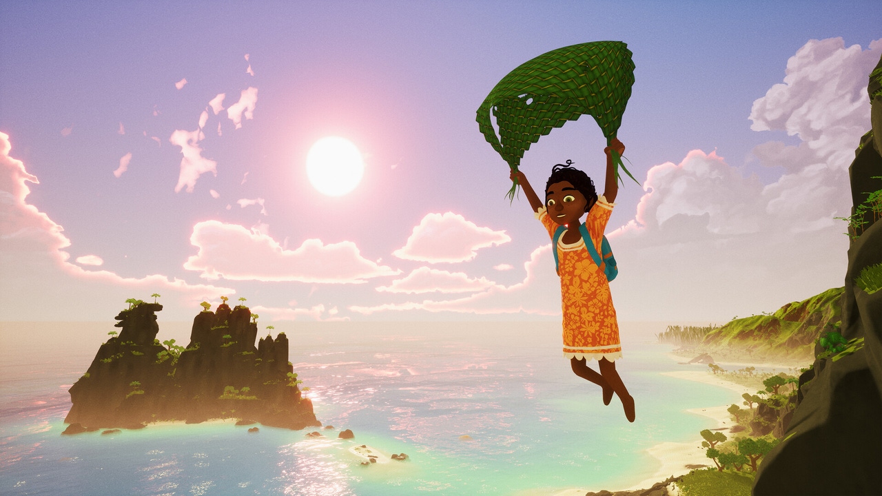 A young girl glides over the water using a small parachute made of leaves A young girl glides over the water using a small parachute made of leaves