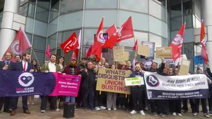 Union members and supporters rallying outside the tribunal centre in Glasgow Union members and supporters rallying outside the tribunal centre in Glasgow
