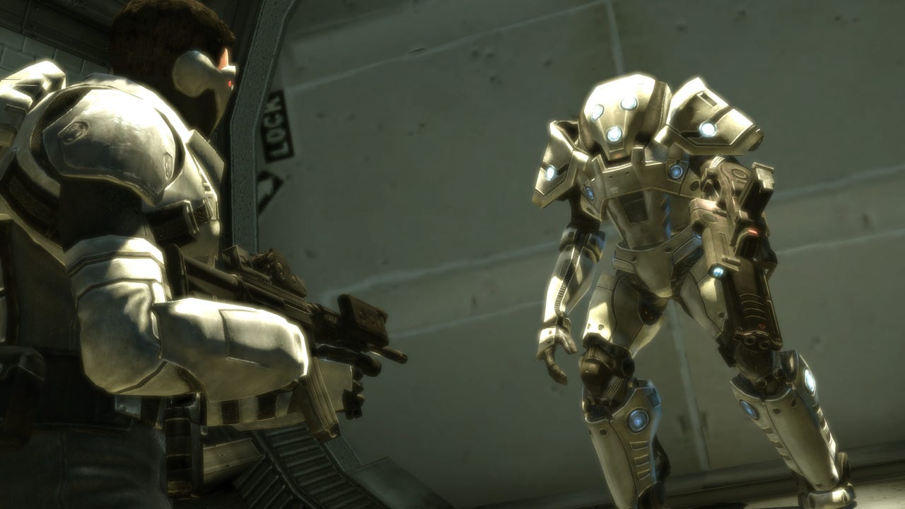 A shiny mech character and an armed soldier character A shiny mech character and an armed soldier character