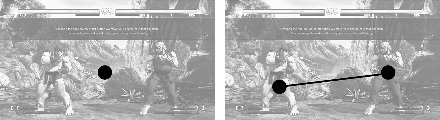 Two screenshots of Street Fighter VI, showing how the human eye tracks the two characters.