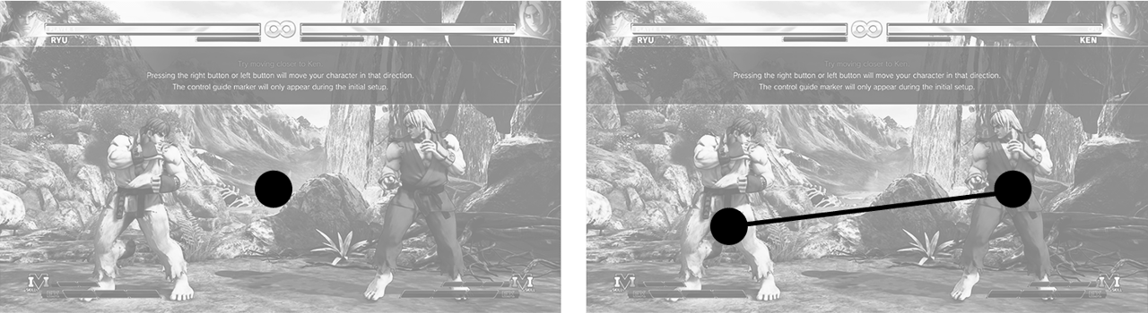 Two screenshots of Street Fighter VI, showing how the human eye tracks the two characters. Two screenshots of Street Fighter VI, showing how the human eye tracks the two characters.