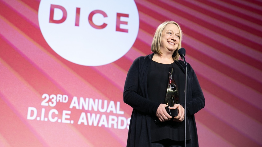 Screenshot of PlayStation's internal development SVP Connie Booth at the 23rd annual DICE awards.