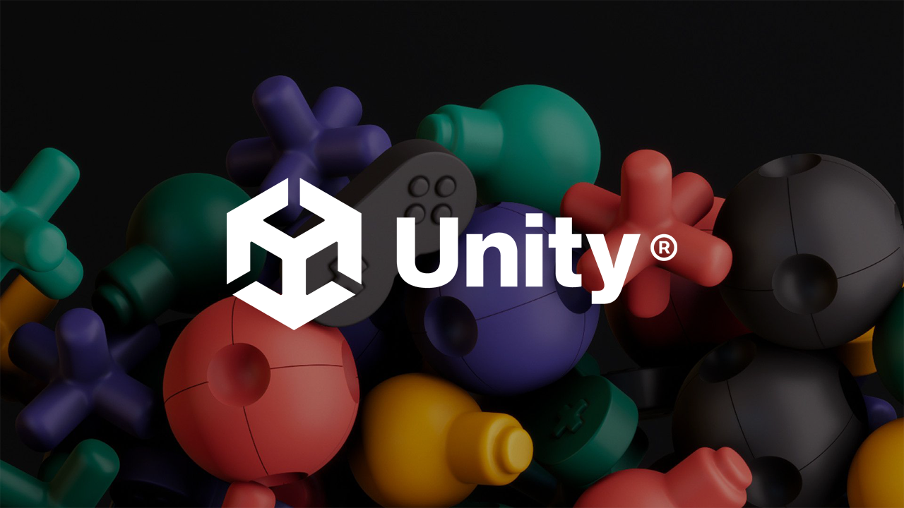 The Unity logo in front of a number of colored balls. The Unity logo in front of a number of colored balls.