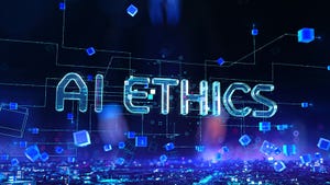The words "AI ethics" rendered in a glowing blue font against a cyberspace-y background.