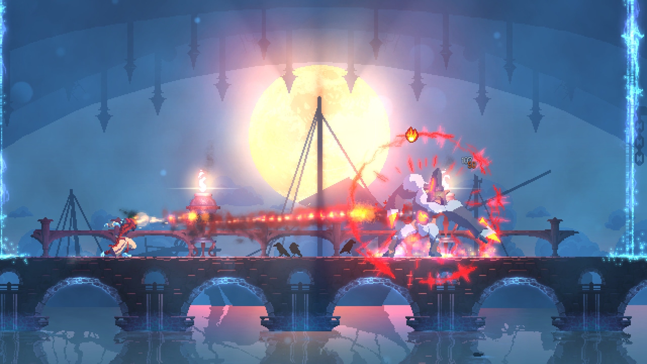 Dead Cells artwork featuring characters fighting on a moonlit bridge Dead Cells artwork featuring characters fighting on a moonlit bridge
