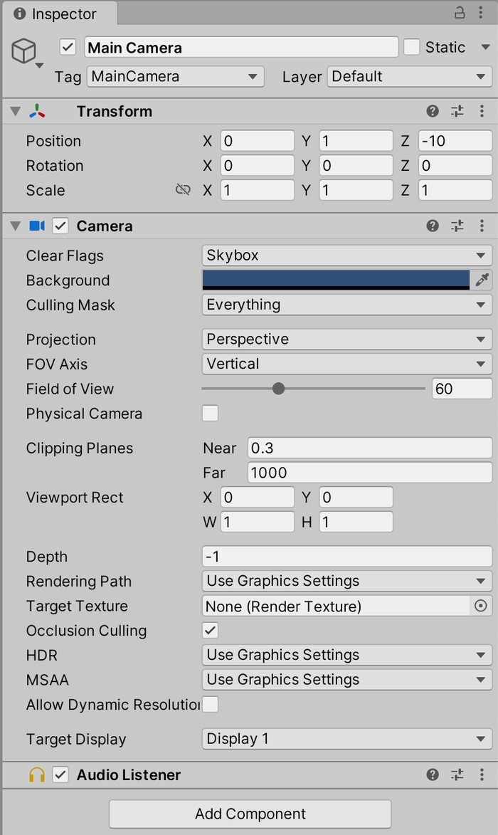 The Inspector (with the Main Camera selected) The Inspector (with the Main Camera selected)