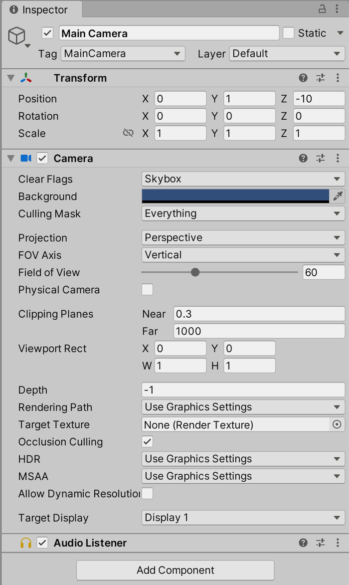 The Inspector (with the Main Camera selected)
