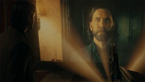A screenshot from Alan Wake 2. The video game version of Alan Wake looks at his live-action counterpart.