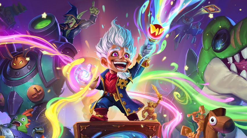 A gnome wields a fantasy scepter as pretty colors fly all around him.