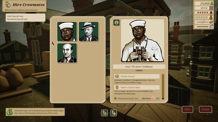 A screenshot from Bootleg Steamer showing the player character hiring crewmates. A screenshot from Bootleg Steamer showing the player character hiring crewmates.