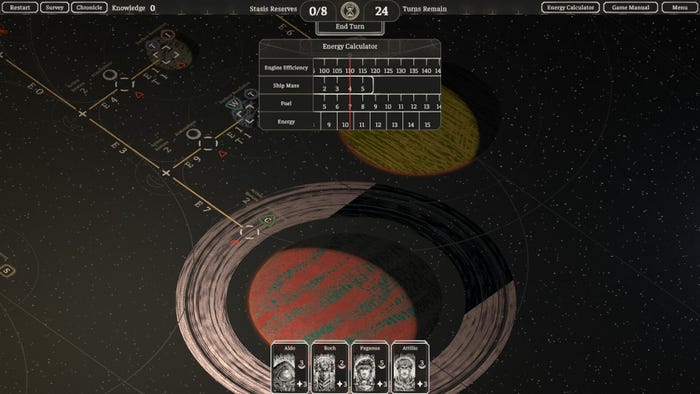 A screenshot from The Banished Vault. The player estimates engine efficiency while navigating to a planet.