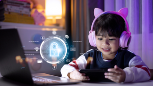 A child plays on a smartphone with pink cat-ear headphones, a digital lock hovers in front of her. A child plays on a smartphone with pink cat-ear headphones, a digital lock hovers in front of her.