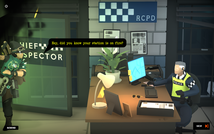 Jen tells the police chief that his station is on fire. Jen tells the police chief that his station is on fire.
