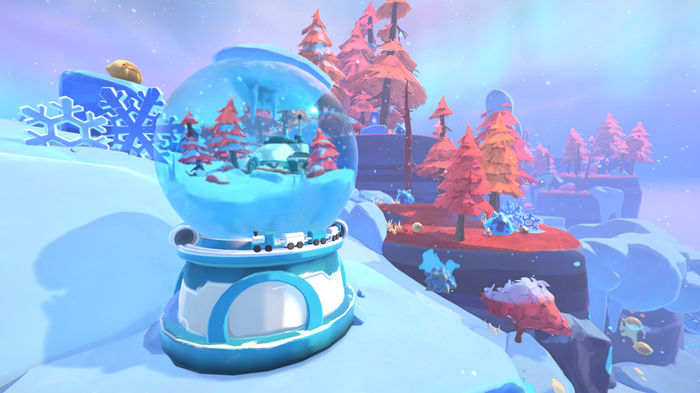 A screenshot from the Slime Rancher 2 update Song of the Sabers, depicting a snowglobe on a snowy cliff.
