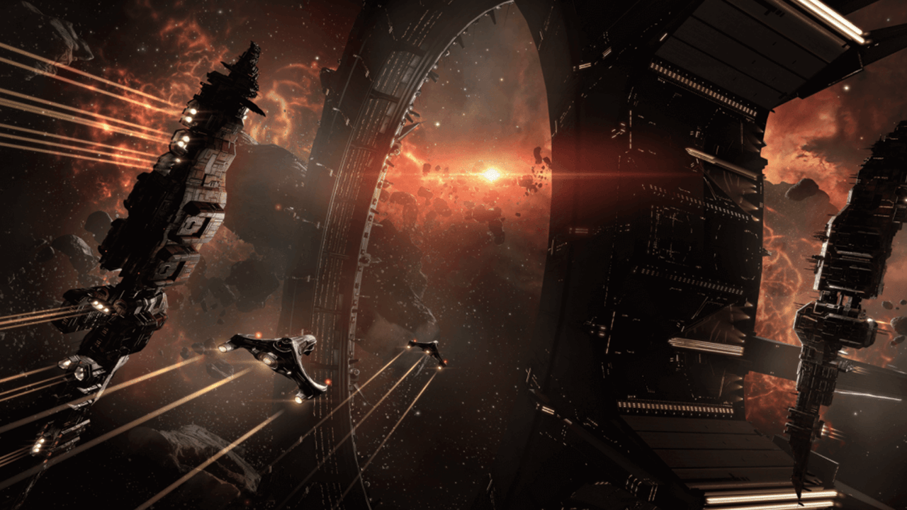 A screenshot of starships converging in EVE Online A screenshot of starships converging in EVE Online