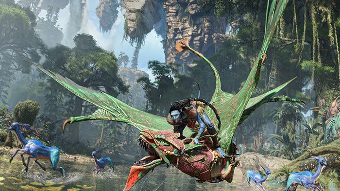 A screenshot from Avatar: Frontiers of Pandora. A Na'vi flies on a dragon-like creature over the water.