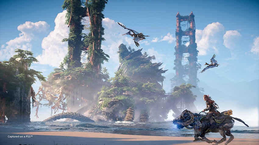 A screenshot from Horizon Forbidden West showing Aloy riding a machine near the Golden Gate Bridge