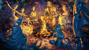 Octopath Traveler II key artwork featuring adventurers gathered around a campfire