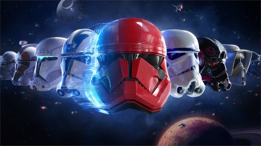 Key art for Star Wars: Battlefront II showing a row of different Stormtrooper helmets.